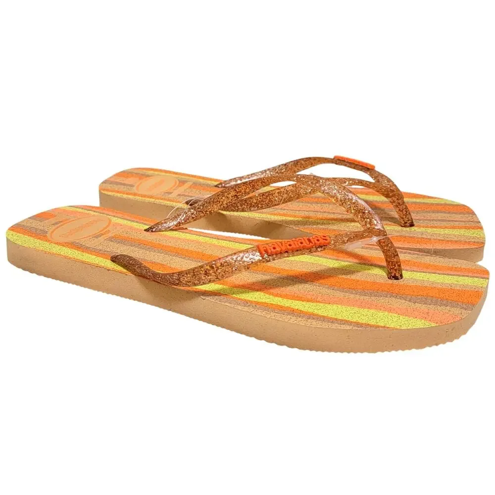 Havaianas Women Slim Square Toe Folia Flip Flops Size US 9 Peach Orange Glitter